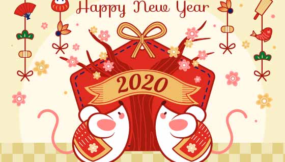 手绘可爱老鼠2020新年快乐矢量素材(AI/EPS/PNG)