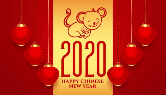老鼠和灯笼2020春节快乐矢量素材(EPS)