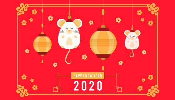 可爱老鼠灯笼2020新年快乐矢量素材(AI/EPS/PNG)