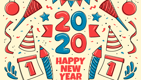 手绘新年元素2020新年快乐矢量素材(AI/EPS/PNG)