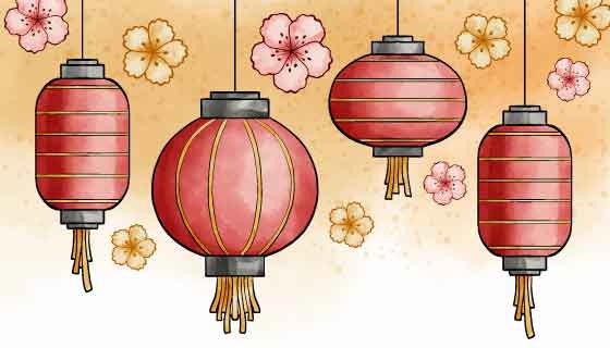 水彩灯笼花朵鼠年春节快乐矢量素材(AI/EPS)