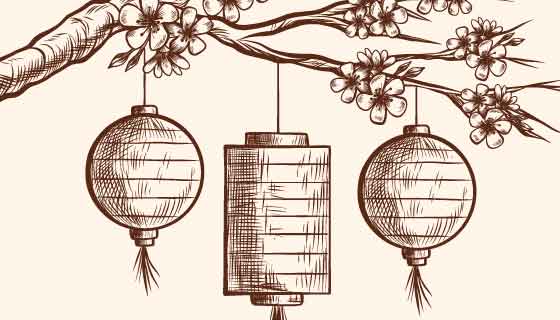 手绘灯笼梅花鼠年春节快乐矢量素材(AI/EPS/PNG)