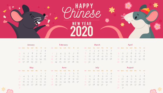 扁平可爱老鼠设计2020年日历矢量素材(AI/EPS)