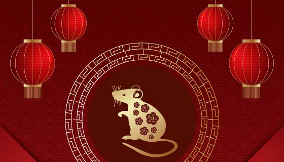 金色老鼠和灯笼2020春节快乐矢量素材(AI/EPS)