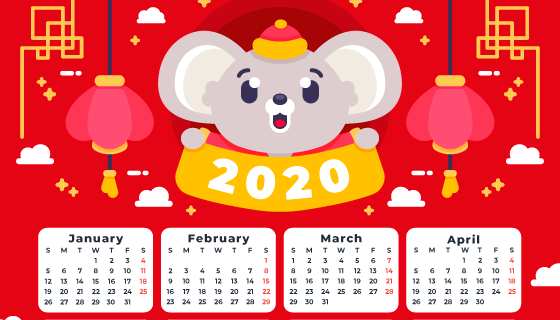 扁平可爱老鼠2020年日历矢量素材(AI/EPS)