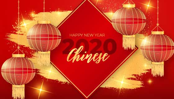 金色灯笼2020春节快乐矢量素材(EPS)