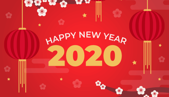 扁平风格灯笼梅花2020春节快乐矢量素材(AI/EPS)