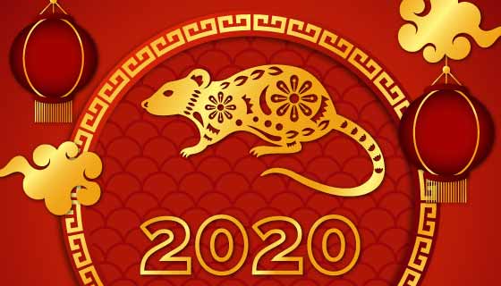 金色老鼠2020春节快乐矢量素材(AI/EPS)