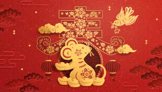 金色老鼠2020春节快乐矢量素材(AI)