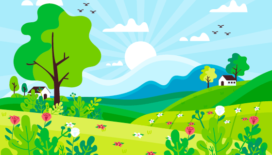 手绘风格春天景色矢量素材(AI/EPS)