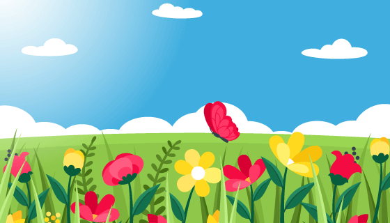 蓝天白云花卉蝴蝶春天景色矢量素材(AI/EPS)