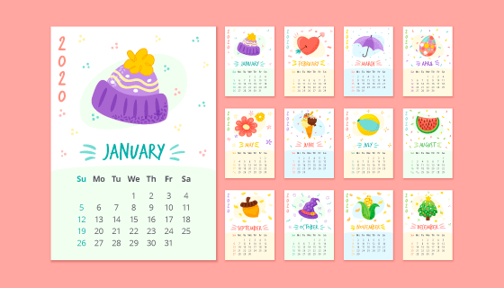 手绘物品设计2020年日历矢量素材(AI/EPS)