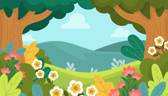 手绘风格多彩春天景色矢量素材(AI/EPS)