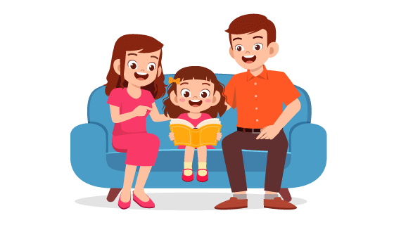 正在陪小女孩看书的父母矢量素材(EPS/PNG)