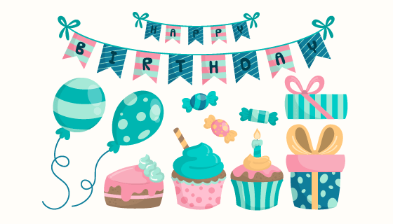 扁平风格生日元素矢量素材(AI/EPS/PNG)