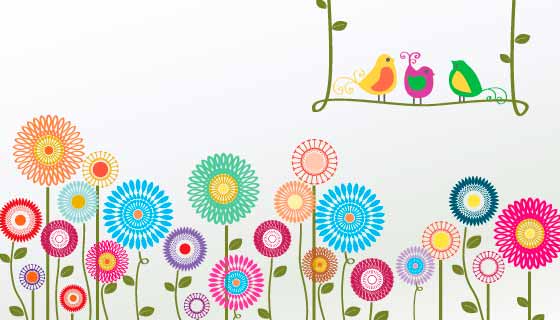 手绘花朵和小鸟矢量素材(AI/PNG)