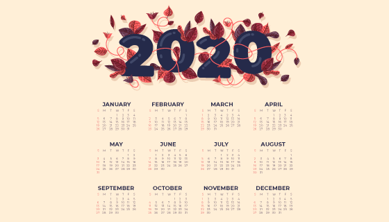 叶子点缀设计2020年日历矢量素材(AI/EPS)