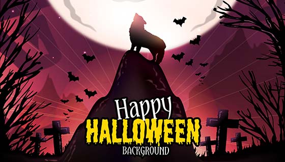 狼在月亮下嚎叫的万圣节背景矢量素材(EPS/AI)