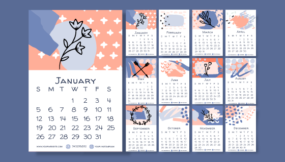 手绘花卉设计2020年日历矢量素材(AI/EPS)