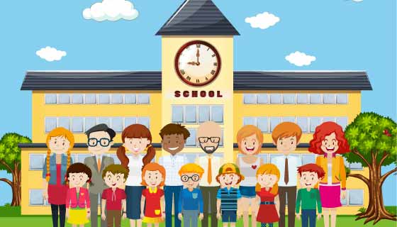 学生和老师在学校前照相矢量素材(EPS)