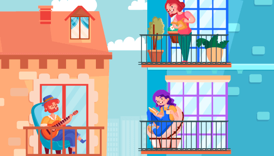 在阳台上休闲的人们矢量素材(AI/EPS)