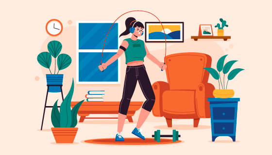 在家里锻炼跳绳的女子矢量素材(AI/EPS)