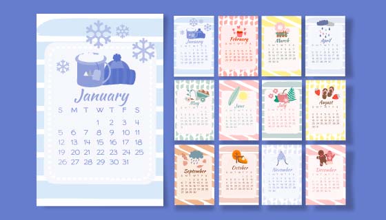 季节元素设计2020年日历矢量素材(AI/EPS)