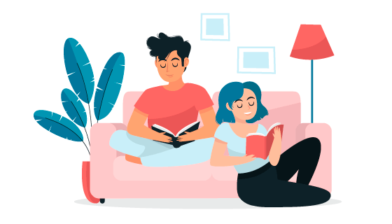 在家里沙发上阅读的夫妻矢量素材(AI/EPS/PNG)