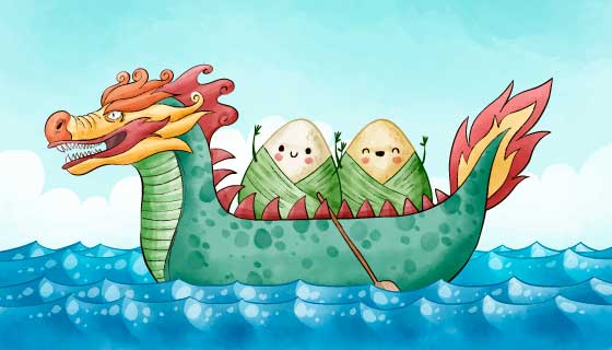 水彩风格可爱的龙舟和粽子矢量素材(AI/EPS)