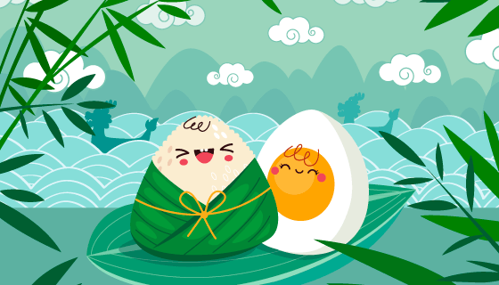 可爱的粽子和咸鸭蛋端午节背景矢量素材(AI/EPS)