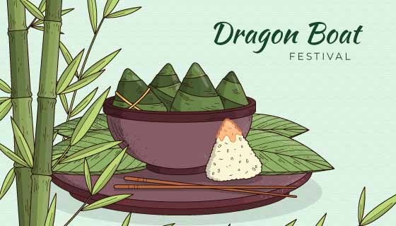 手绘风格粽子和竹子端午节背景矢量素材(AI/EPS)