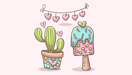 冰淇淋仙人掌浪漫元素矢量素材(AI/EPS/PNG)