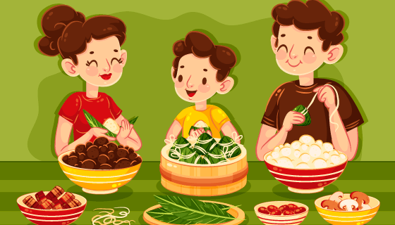 开心包粽子的一家人矢量素材(AI/EPS)