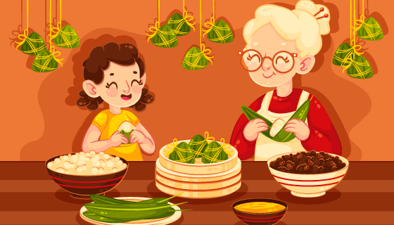 开心包粽子的奶奶和孙女矢量素材(AI/EPS)