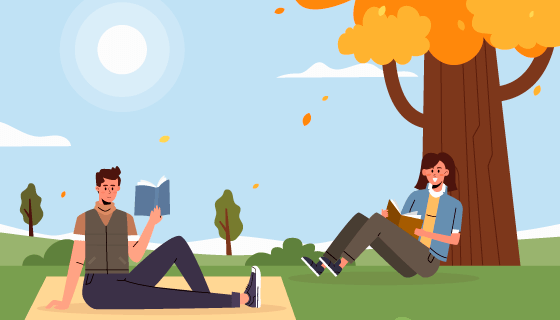 秋天在公园里看书的人们矢量素材(AI/EPS)