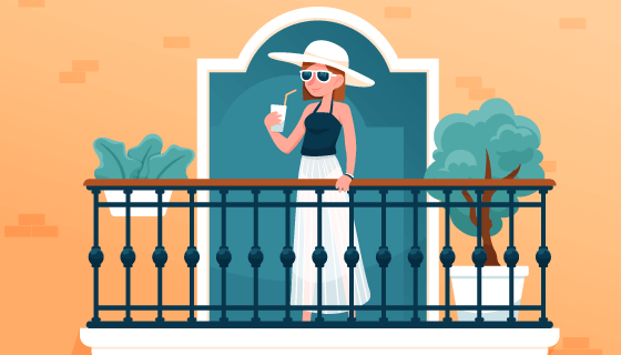 阳台上休闲的女子矢量素材(AI/EPS)