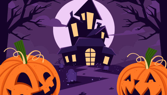 鬼屋和南瓜灯设计万圣节背景矢量素材(AI/EPS)