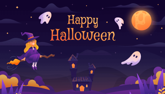 女巫幽灵和古屋设计万圣节背景矢量素材(AI/EPS)