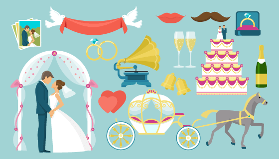 扁平风格婚礼元素矢量素材(EPS/PNG)