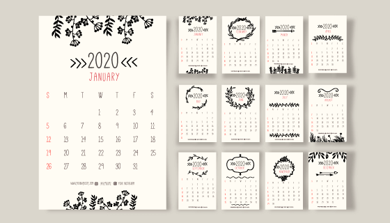手绘花朵装饰的2020年日历矢量素材(AI/EPS)