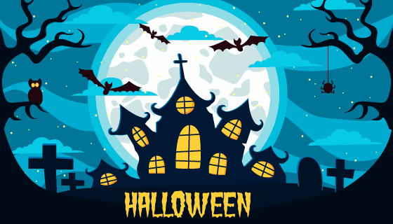 夜空中的月亮和鬼屋万圣节背景矢量素材(AI/EPS)