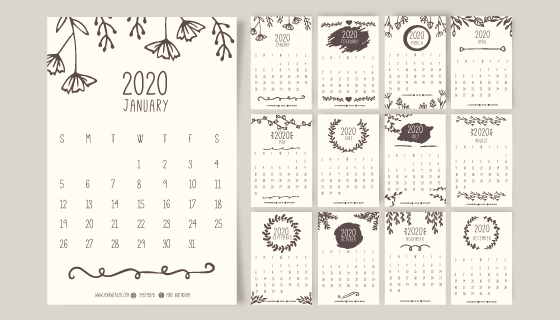 手绘花卉设计2020年日历矢量素材(AI/EPS)