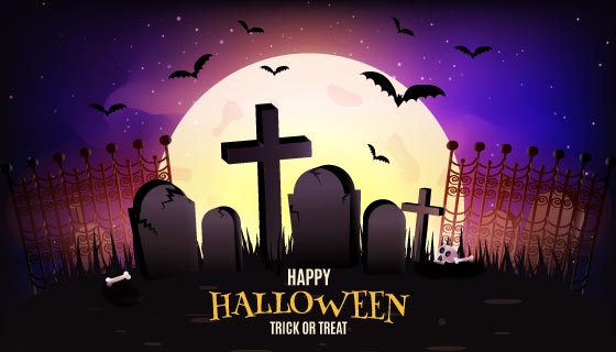 满月下的墓地设计万圣节背景矢量素材(AI/EPS)