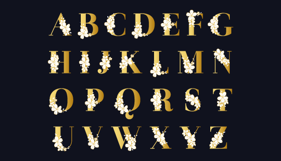 花卉点缀的金色字母矢量素材(AI/EPS/PNG)