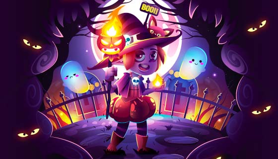 墓地里的小女巫设计万圣节背景矢量素材(AI/EPS)