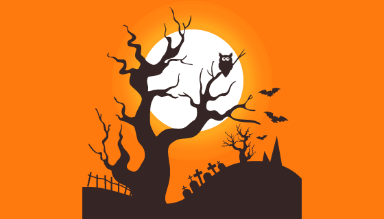 墓地枯树猫头鹰月亮等设计万圣节背景矢量素材(EPS)