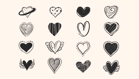 黑白风格爱心集合矢量素材(AI/EPS/PNG)
