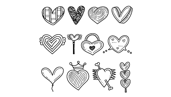 手绘风格黑白色爱心矢量素材(AI/EPS/PNG)