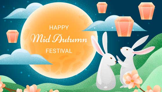兔子月亮孔明灯中秋节矢量素材(AI/EPS)