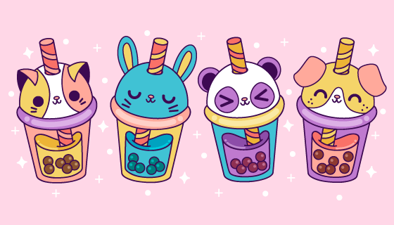 可爱动物风格珍珠奶茶矢量素材(AI/EPS/PNG)